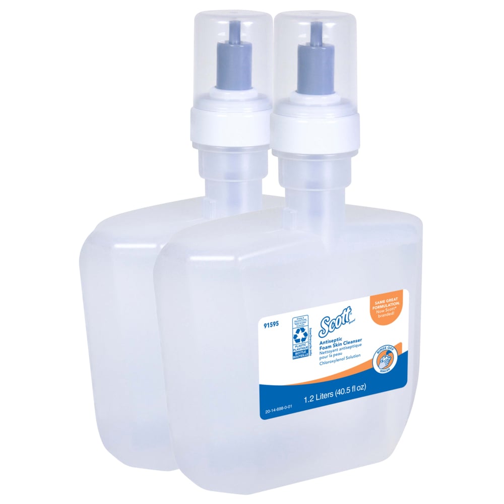 Scott® Antiseptic Foam Skin Cleanser (91595), 1.2 L Automatic Hand Soap Refills, Clear, Unscented, 1.75% PCMX, NSF E-2 Rated, (2 Bottles/Case) - 91595
