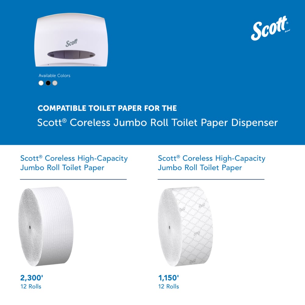 Scott® Essential™ Coreless Jumbo Roll Toilet Paper Dispenser (09603), with Stub Roll, White, 14.25" x 9.75" x 6.00" (Qty 1) - 09603
