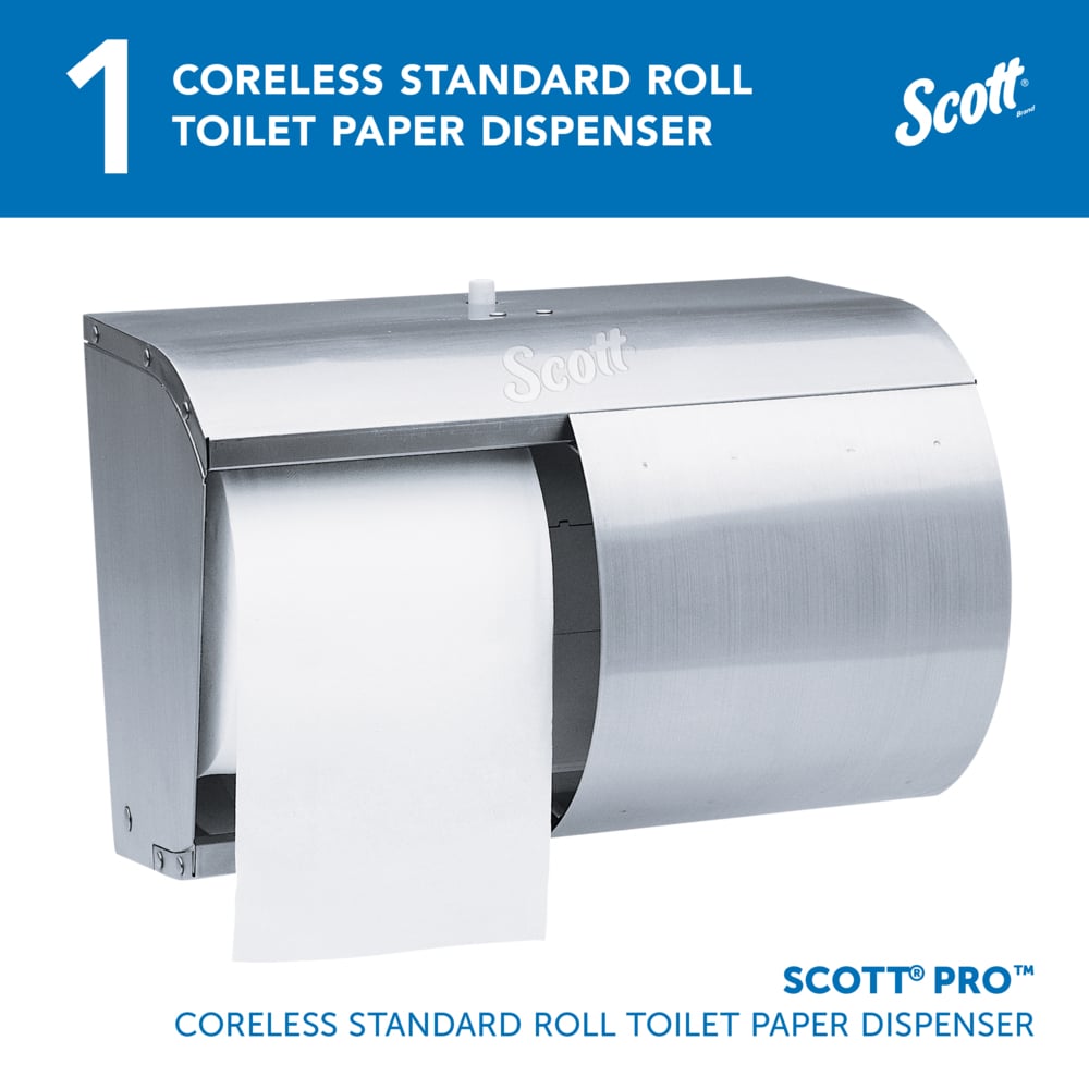 Scott® Pro™ Coreless Standard Roll Toilet Paper Dispenser (09606), 2 Roll Capacity, Stainless Steel, 10.13" x 7.13" x 6.38" (Qty 1) - 09606