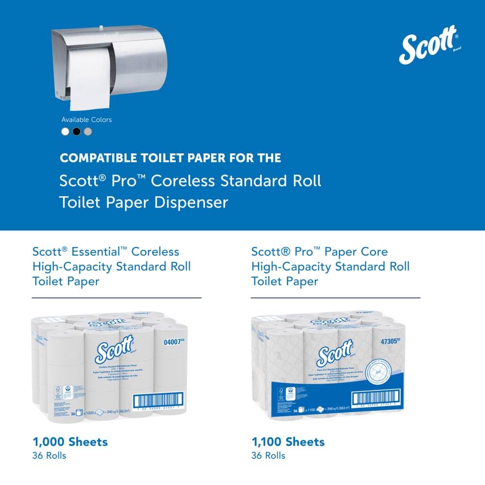 Scott® Pro™ Coreless Standard Roll Toilet Paper Dispenser (09606), 2 Roll Capacity, Stainless Steel, 10.13" x 7.13" x 6.38" (Qty 1) - 09606