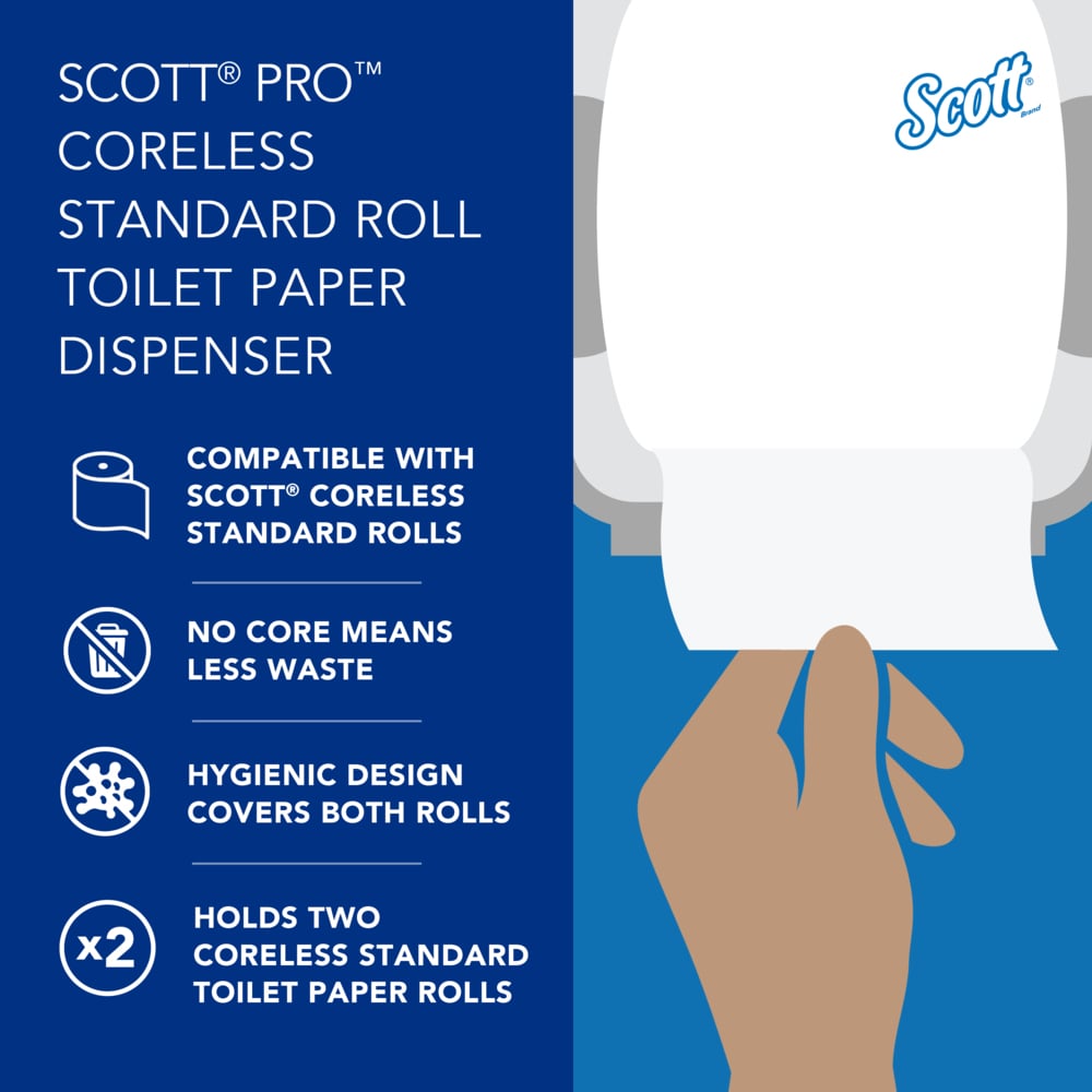 Scott® Pro™ Coreless Standard Roll Toilet Paper Dispenser (09606), 2 Roll Capacity, Stainless Steel, 10.13" x 7.13" x 6.38" (Qty 1) - 09606