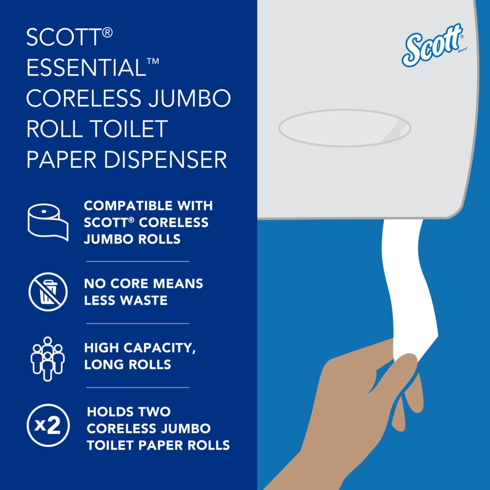 Scott® Essential™ Coreless Jumbo Roll Toilet Paper Dispenser (09609), 2 Roll Capacity, White, 20.1" x 10.9" x 5.9" (Qty 1) - 09609
