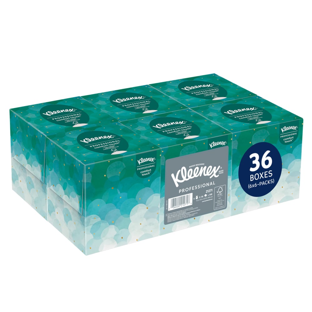 Mouchoirs Kleenex® Professional (21271), 2 épaisseurs, blancs, boîtes cubiques verticales de mouchoirs pour entreprises (90 mouchoirs/boîte, 6 paquets de 6 boîtes/caisse, 36 boîtes/caisse, 3 240 mouchoirs/caisse)