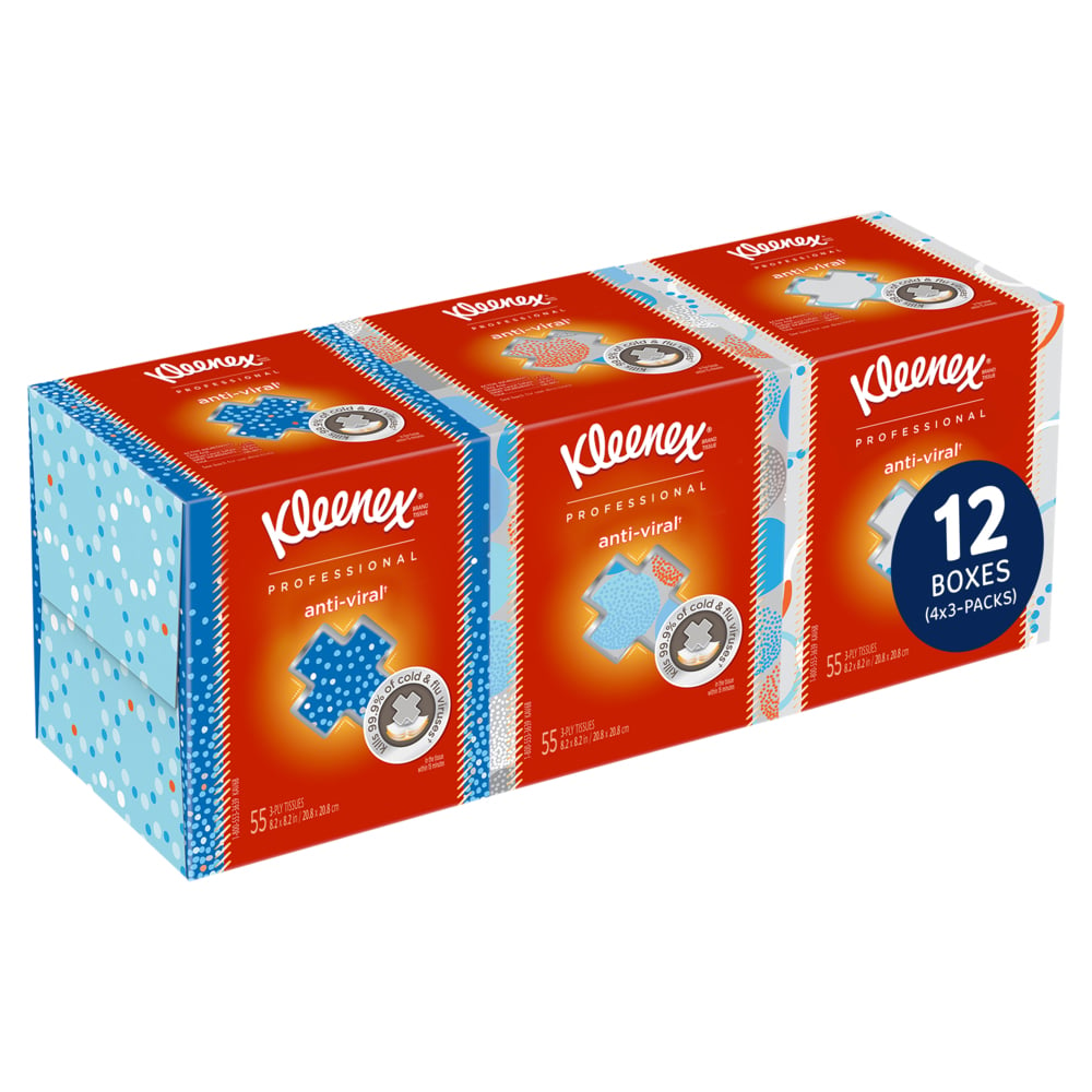 Kleenex® Professional Anti-Viral Facial Tissue (21286), 3-Ply, White, Upright Facial Tissue Cube Boxes for Business (55 Tissues/Box, 4 Bundles of 3 Boxes/Case, 12 Boxes/Case, 660 Tissues/Case) - 21286