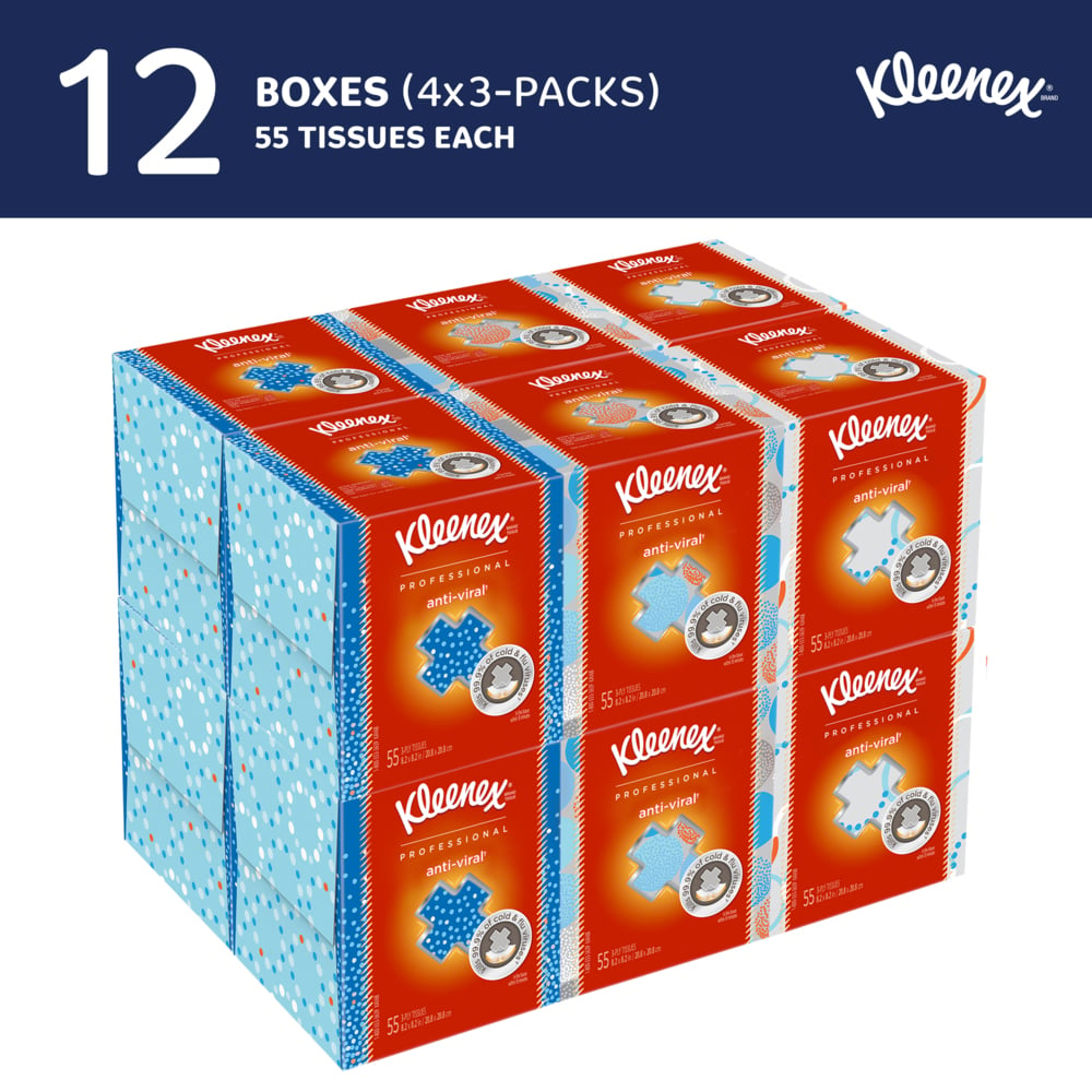 Kleenex® Professional Anti-Viral Facial Tissue (21286), 3-Ply, White, Upright Facial Tissue Cube Boxes for Business (55 Tissues/Box, 4 Bundles of 3 Boxes/Case, 12 Boxes/Case, 660 Tissues/Case) - 21286