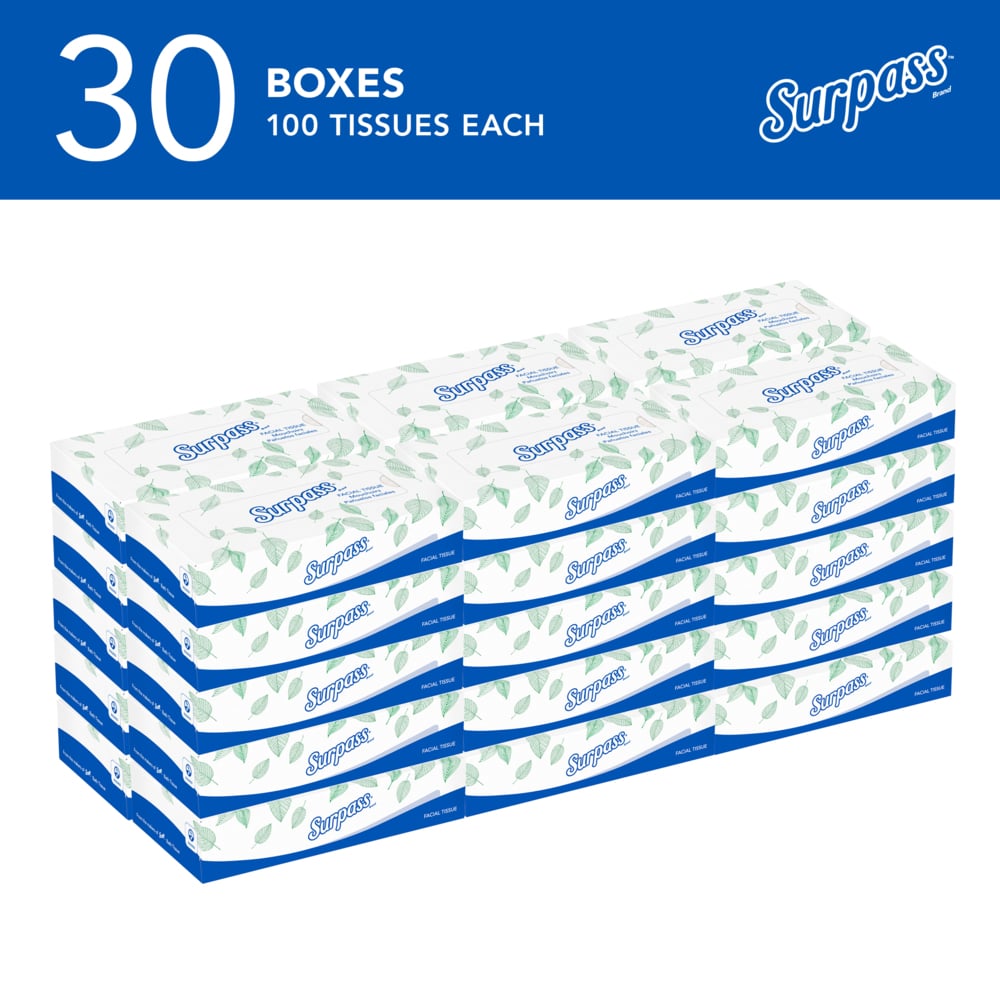 Surpass® Facial Tissue (21340), 2-Ply, White, Ecologo, Flat Facial Tissue Boxes for Business (100 Tissues/Box, 30 Boxes/Case, 3,000 Tissues/Case) - 21340