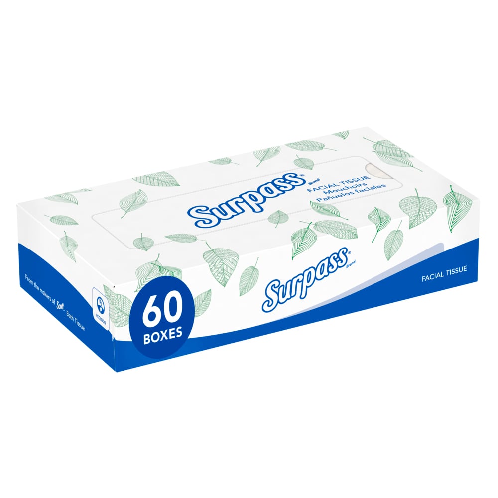 Surpass® Facial Tissue (21390), 2-Ply, White, Ecologo, Flat Facial Tissue Boxes for Business (125 Tissues/Box, 60 Boxes/Case, 7,500 Tissues/Case)
