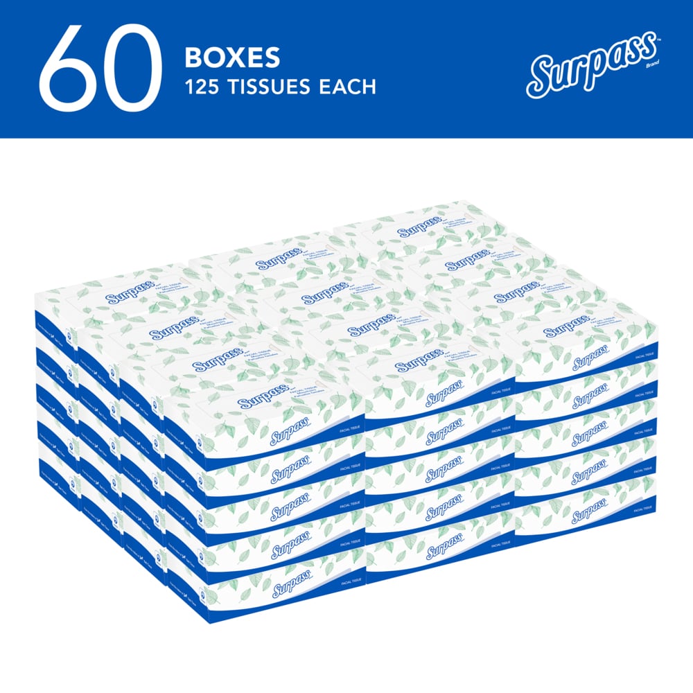 Surpass® Facial Tissue (21390), 2-Ply, White, Ecologo, Flat Facial Tissue Boxes for Business (125 Tissues/Box, 60 Boxes/Case, 7,500 Tissues/Case) - 21390