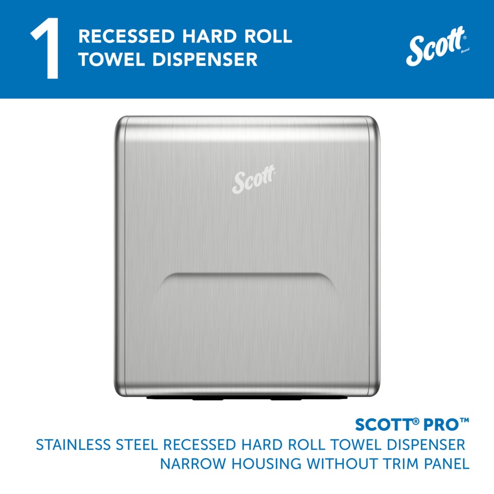 Scott® Pro™ Stainless Steel Recessed Hard Roll Towel Narrow Dispenser Housing (31498), without Trim Panel, Module sold seperately, 10.75" x 15.37" x 4.0" (Qty 1) - 31498