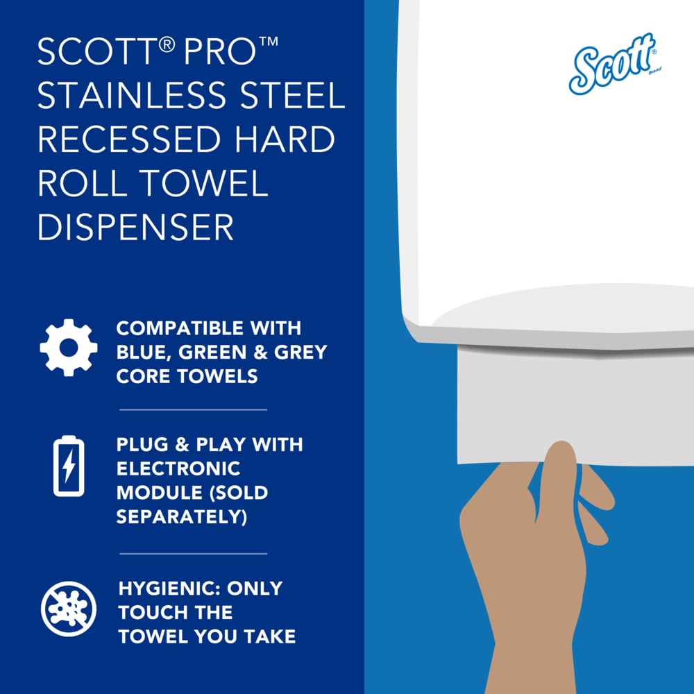 Scott® Pro™ Stainless Steel Recessed Hard Roll Towel Narrow Dispenser Housing (31498), without Trim Panel, Module sold seperately, 10.75" x 15.37" x 4.0" (Qty 1) - 31498