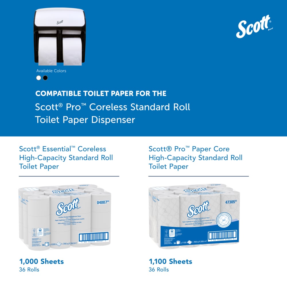 Scott® Pro™ High Capacity Coreless Standard Roll Toilet Paper Dispenser (44517), 4 Roll Capacity, White, 11.25" x 12.75" x 6.19" (Qty 1) - 44517