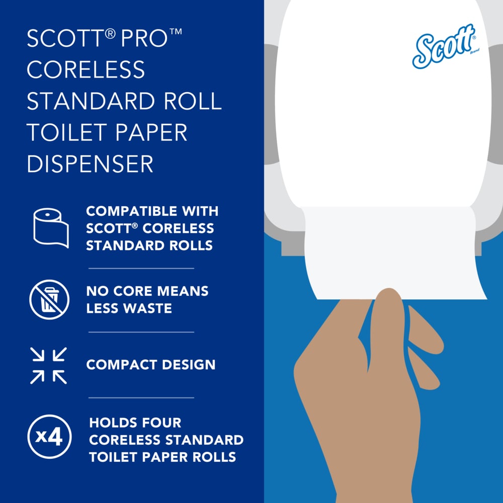 Scott® Pro™ High Capacity Coreless Standard Roll Toilet Paper Dispenser (44517), 4 Roll Capacity, White, 11.25" x 12.75" x 6.19" (Qty 1) - 44517