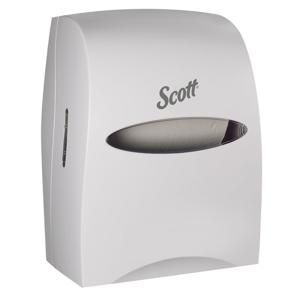 Distributrice manuelle d’essuie-mains en rouleau Scott® Essential™ (46254), blanche, pour les essuie-mains en rouleau Scott® avec mandrin violet, 32,08 cm x 40,97 cm x 25,91 cm (12,63 po x 16,13 po x 10,2 po) (qté 1) - 46254