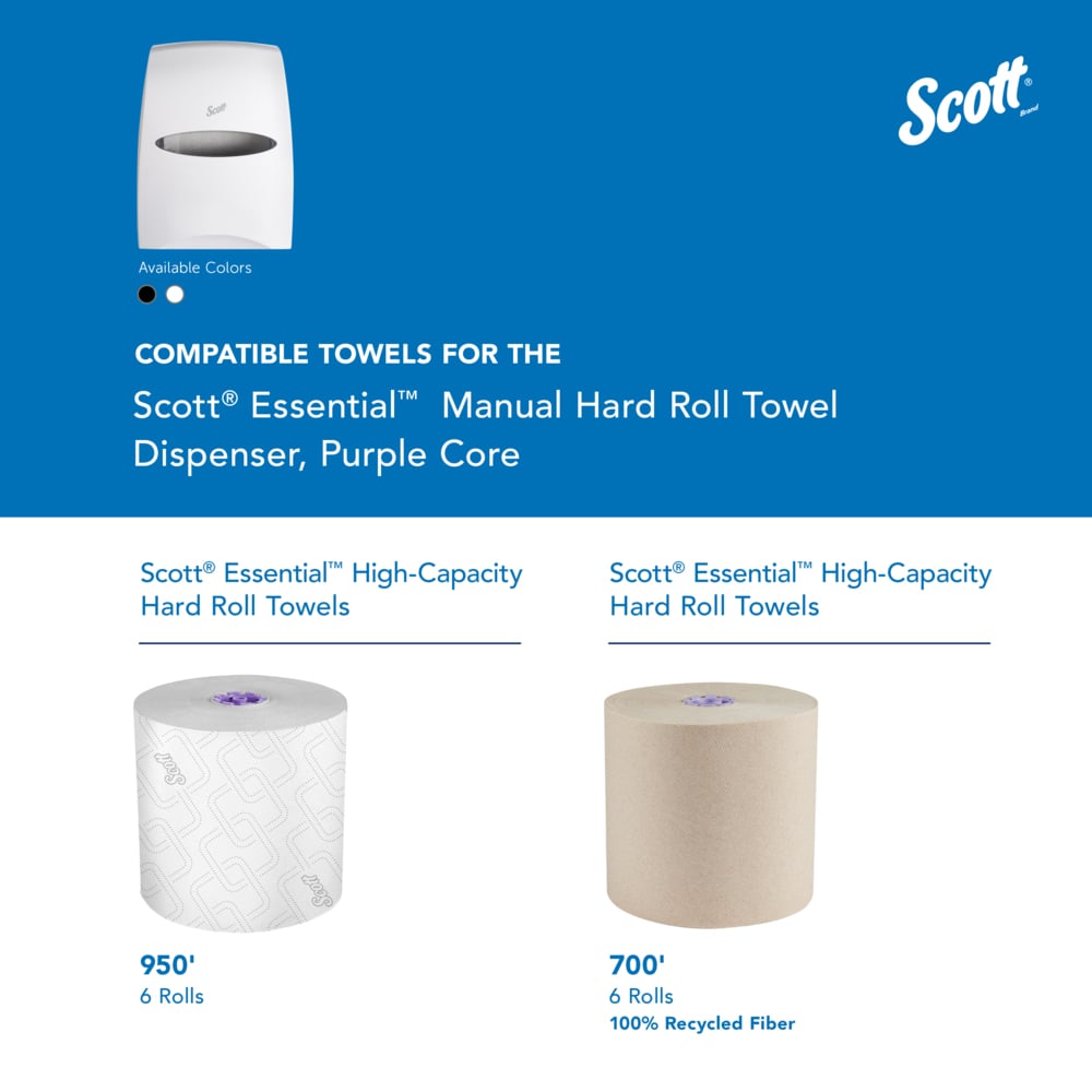 Scott® Essential™ Manual Hard Roll Towel Dispenser (46254), White, for Purple Core Scott® Roll Towels, 12.63" x 16.13" x 10.2" (Qty 1) - 46254