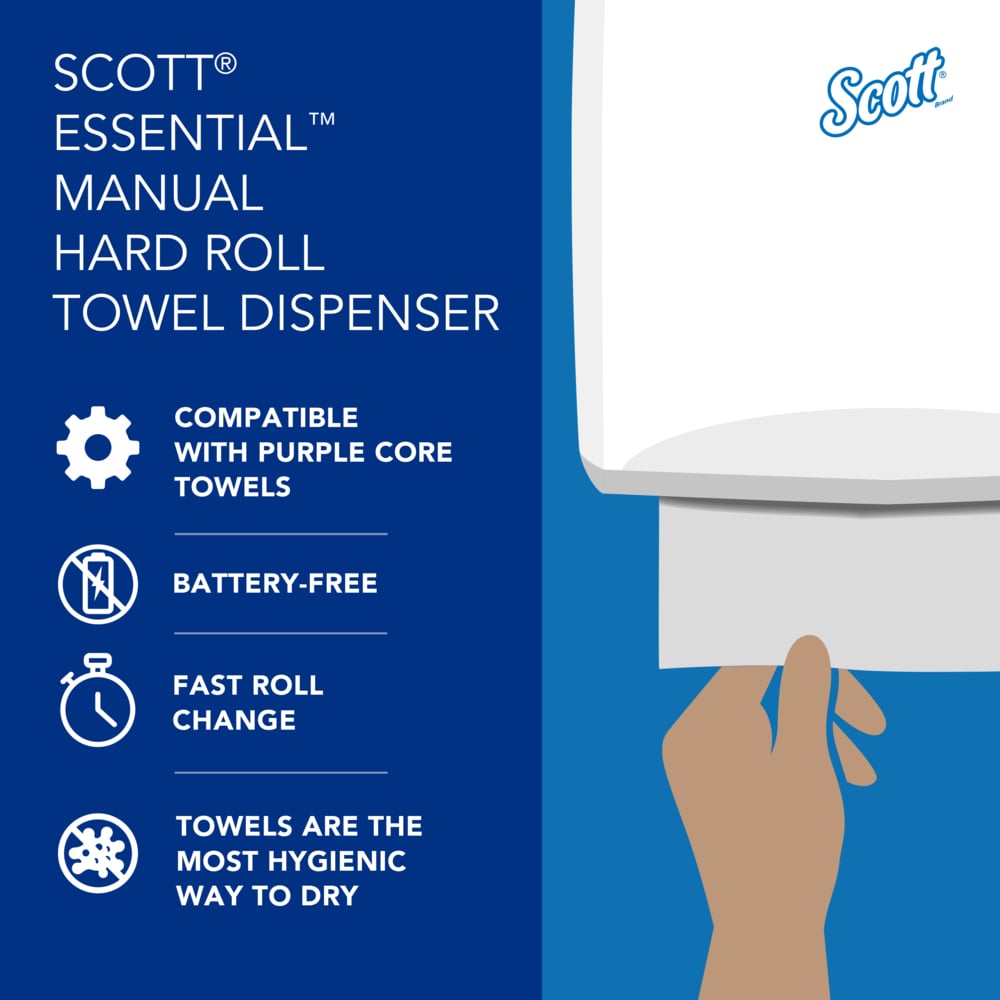 Scott® Essential™ Manual Hard Roll Towel Dispenser (46254), White, for Purple Core Scott® Roll Towels, 12.63" x 16.13" x 10.2" (Qty 1) - 46254