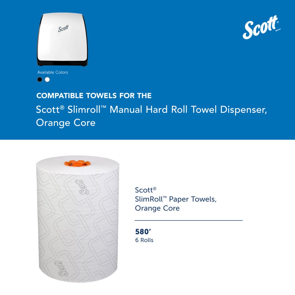 Scott® Slimroll Manual Towel Dispensers (47091), White, for Orange Core Scott® Slimroll Towels, 12.65" x 13.02" x 7.18" (Qty 1) - 47091