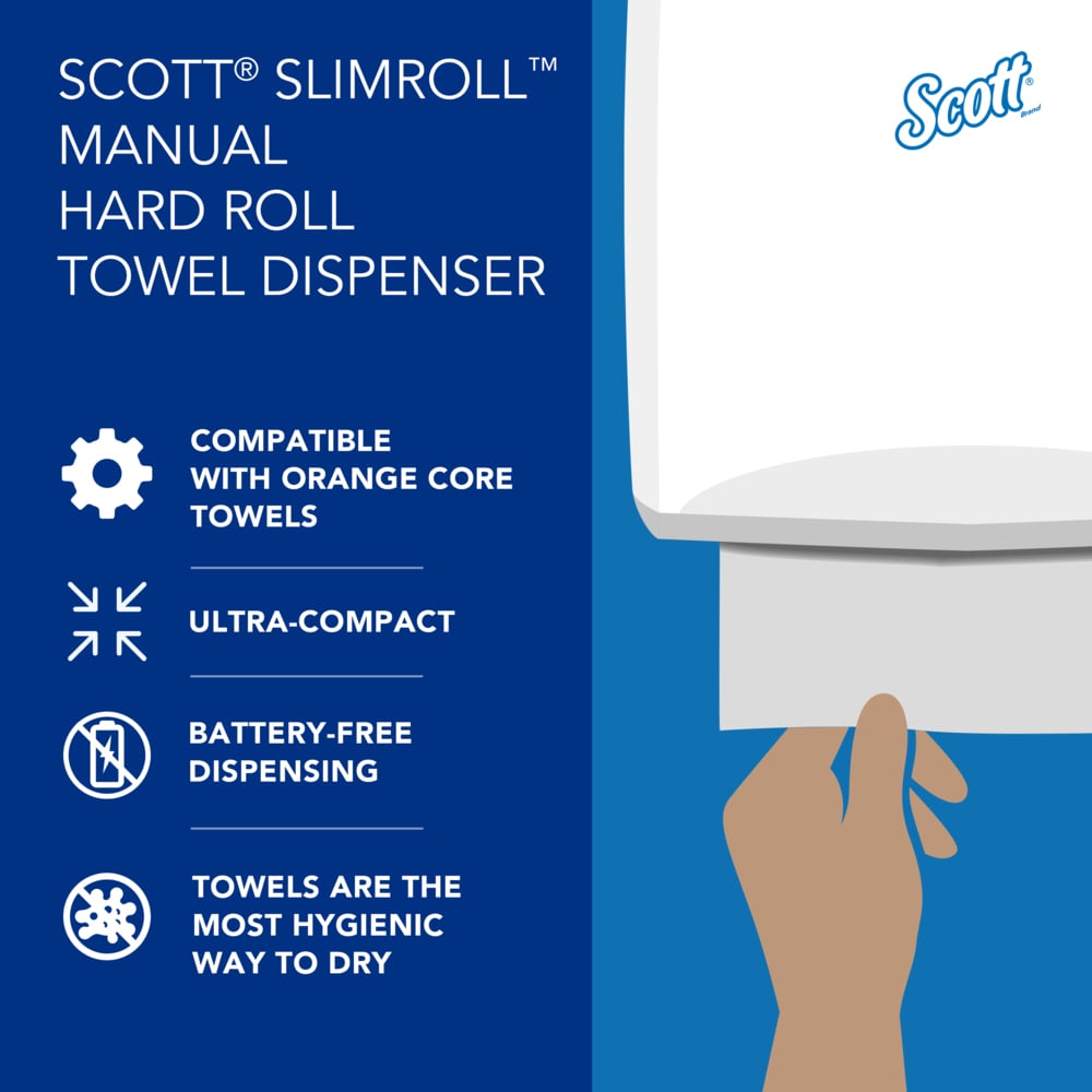 Scott® Slimroll Manual Towel Dispensers (47091), White, for Orange Core Scott® Slimroll Towels, 12.65" x 13.02" x 7.18" (Qty 1) - 47091