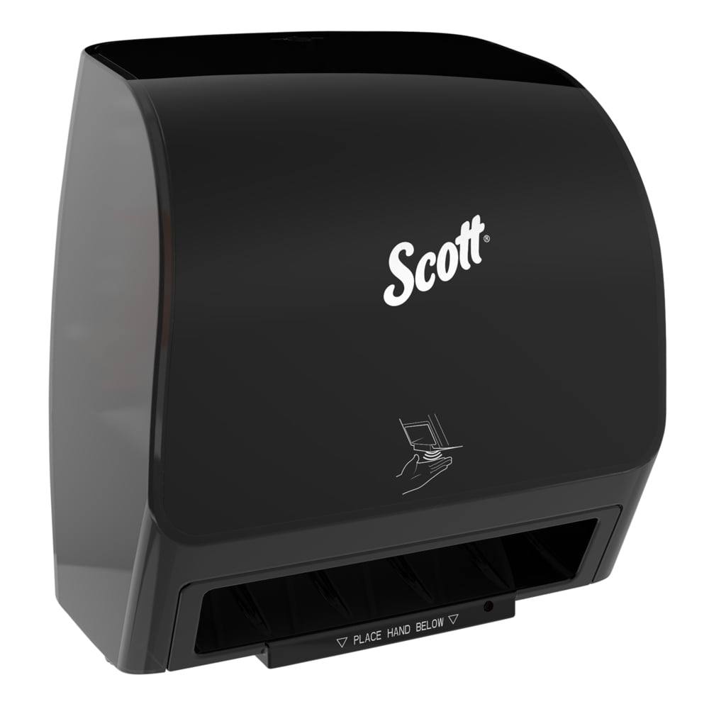 Distributrice automatique d’essuie-mains Scott® Slimroll (47196), noire, pour essuie-mains Scott® Slimroll avec mandrin orange, 29,97 cm x 31,37 cm x 18,42 cm (11,8 po x 12,35 po x 7,25 po) (qté 1) - 47196