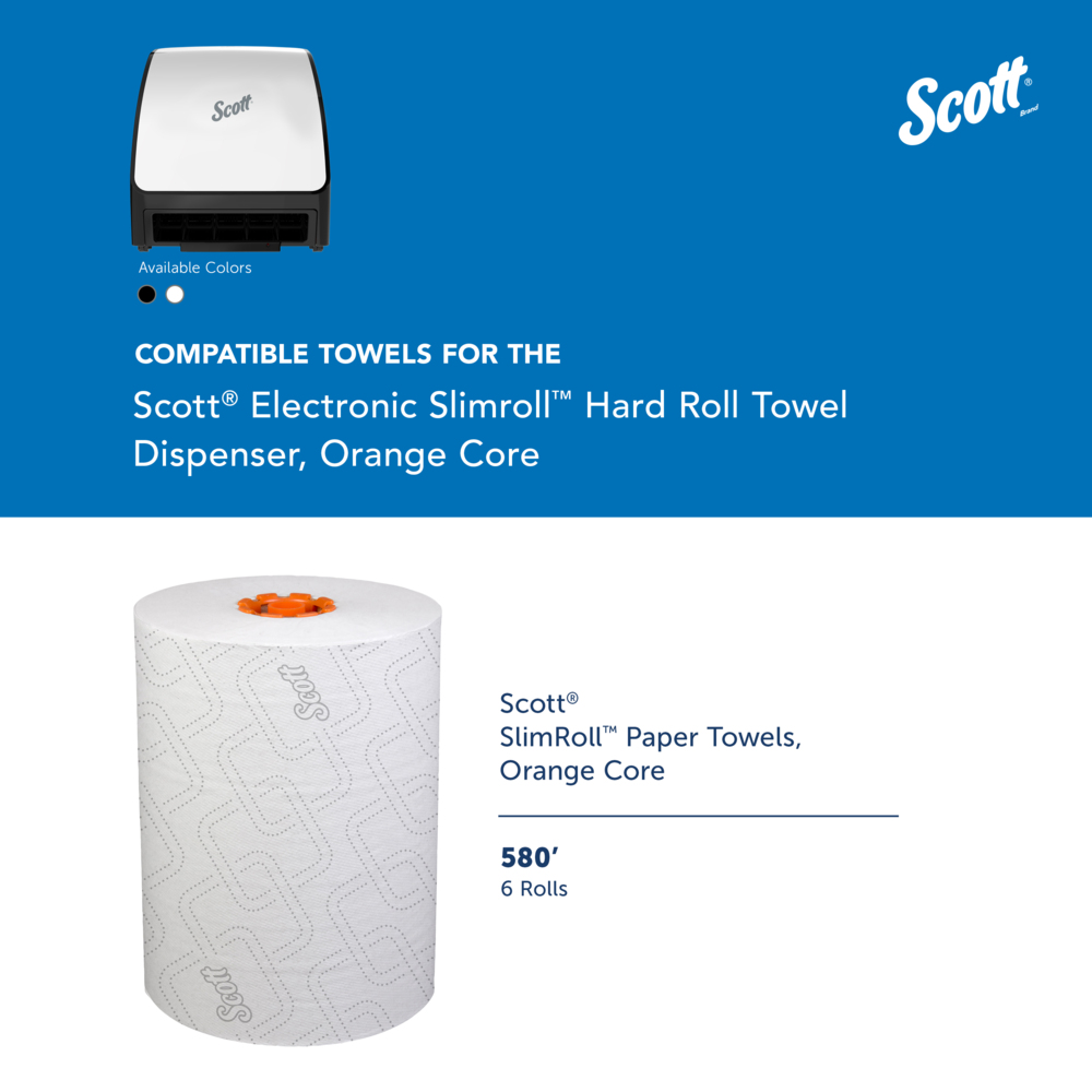 Scott® Automatic Slimroll Towel Dispensers (47259), White, for Orange Core Scott® Slimroll Towels, 11.8" x 12.35" x 7.25" (Qty 1) - 47259