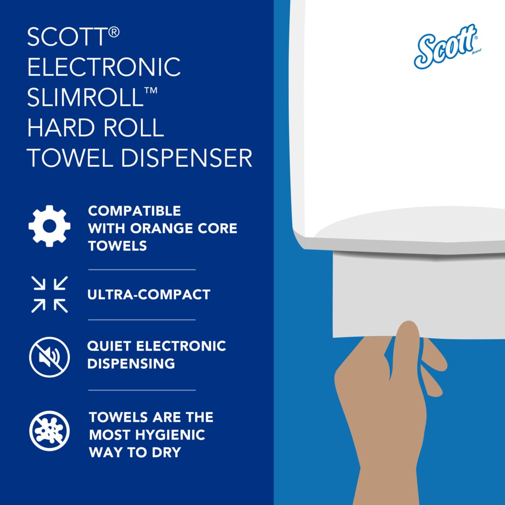 Scott® Automatic Slimroll Towel Dispensers (47259), White, for Orange Core Scott® Slimroll Towels, 11.8" x 12.35" x 7.25" (Qty 1) - 47259