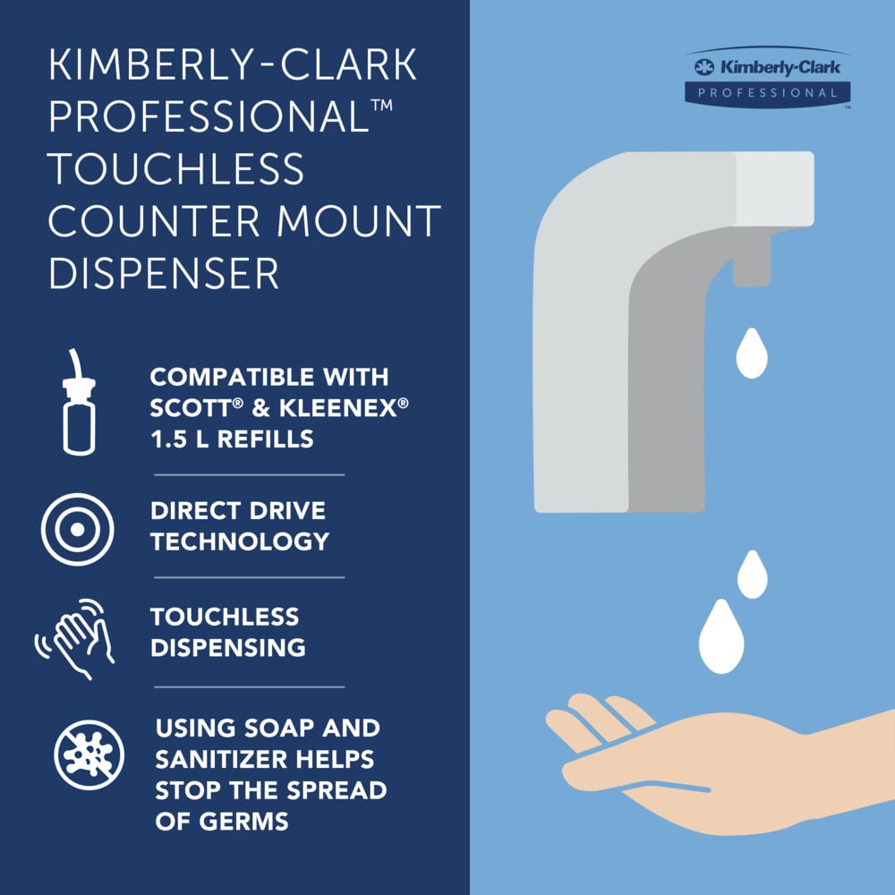 Kimberly-Clark Professional™ Touchless Counter Mount Soap and Hand Sanitizer Dispenser (47604), Chrome, 1.5 L capacity, 2.12" x 4.25" x 5.56" (Qty 1) - 47604