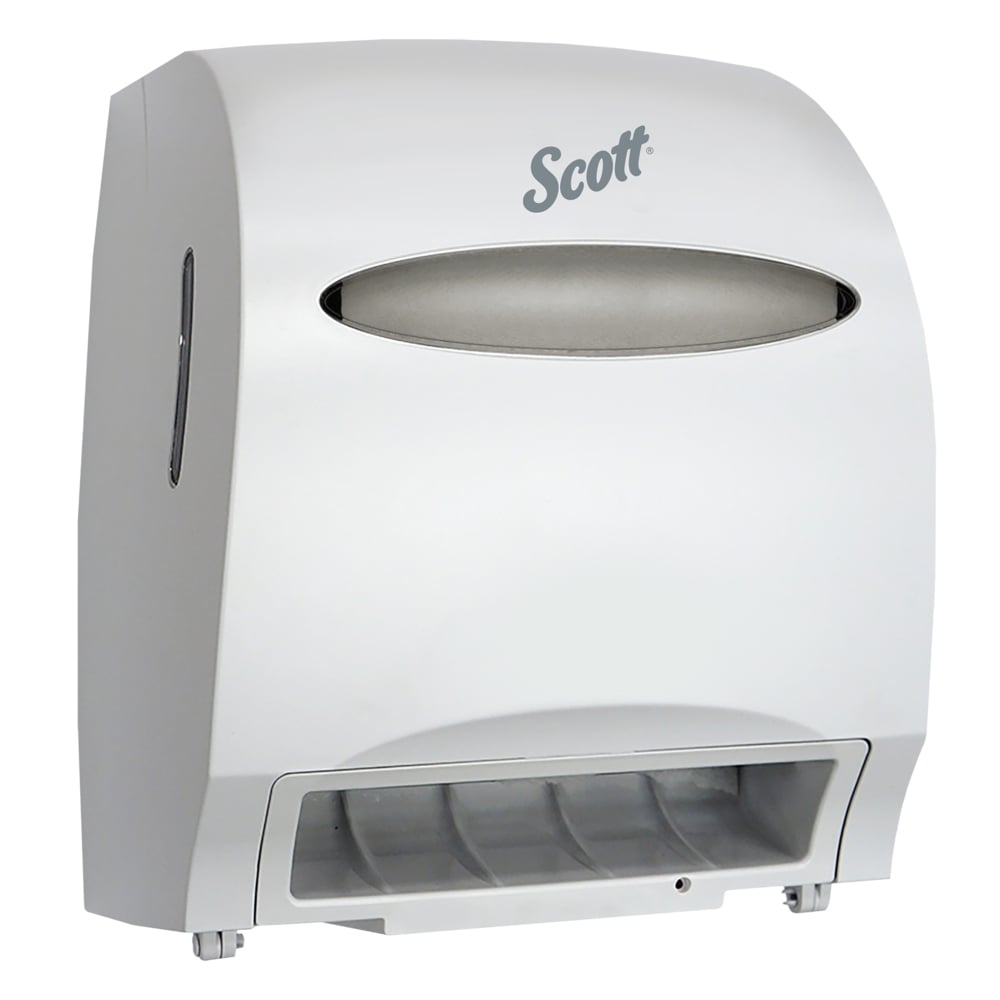 Distributrice automatique d’essuie-mains en rouleau Scott® Essential™ (48858), blanche, pour les essuie-mains en rouleau Scott® avec mandrin violet, 32,26 cm x 40,03 cm x 24,31 cm (12,70 po x 15,76 po x 9,57 po) (qté 1) - 48858