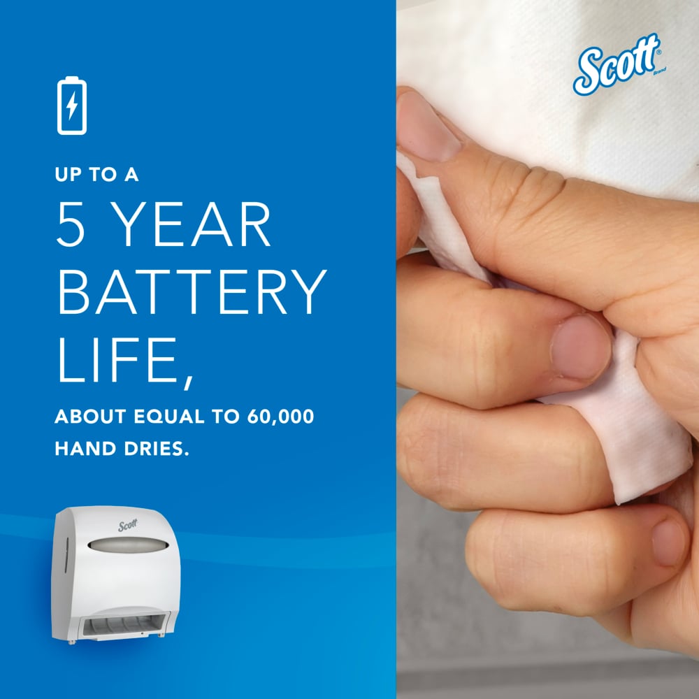 Scott® Essential™ Automatic Hard Roll Towel Dispenser (48858), White, for Purple Core Scott® Roll Towels, 12.70" x 15.76" x 9.57" (Qty 1) - 48858