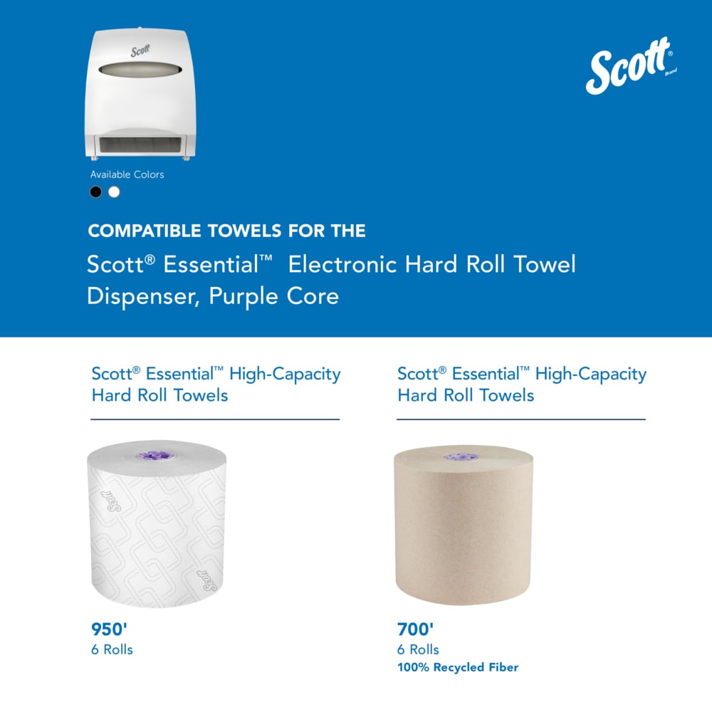 Scott® Essential™ Automatic Hard Roll Towel Dispenser (48858), White, for Purple Core Scott® Roll Towels, 12.70" x 15.76" x 9.57" (Qty 1) - 48858