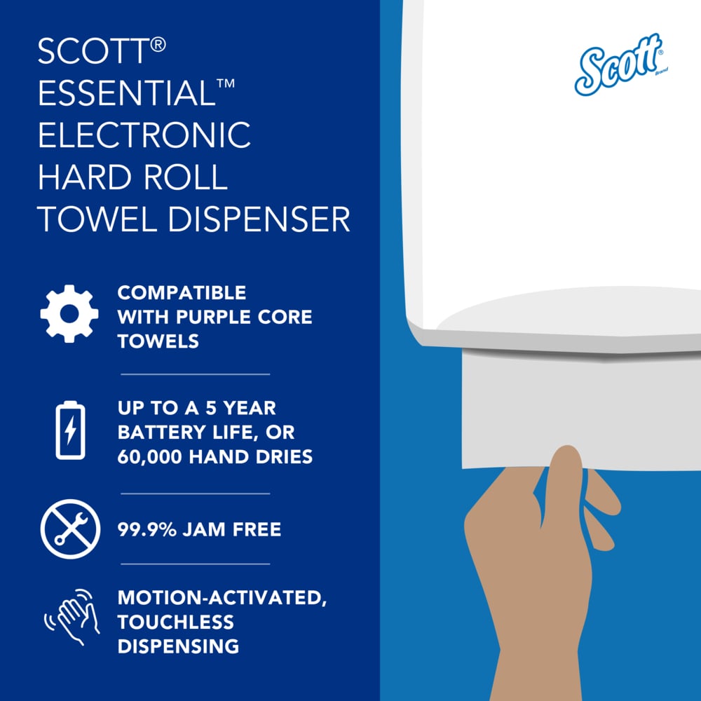 Scott® Essential™ Automatic Hard Roll Towel Dispenser (48858), White, for Purple Core Scott® Roll Towels, 12.70" x 15.76" x 9.57" (Qty 1) - 48858