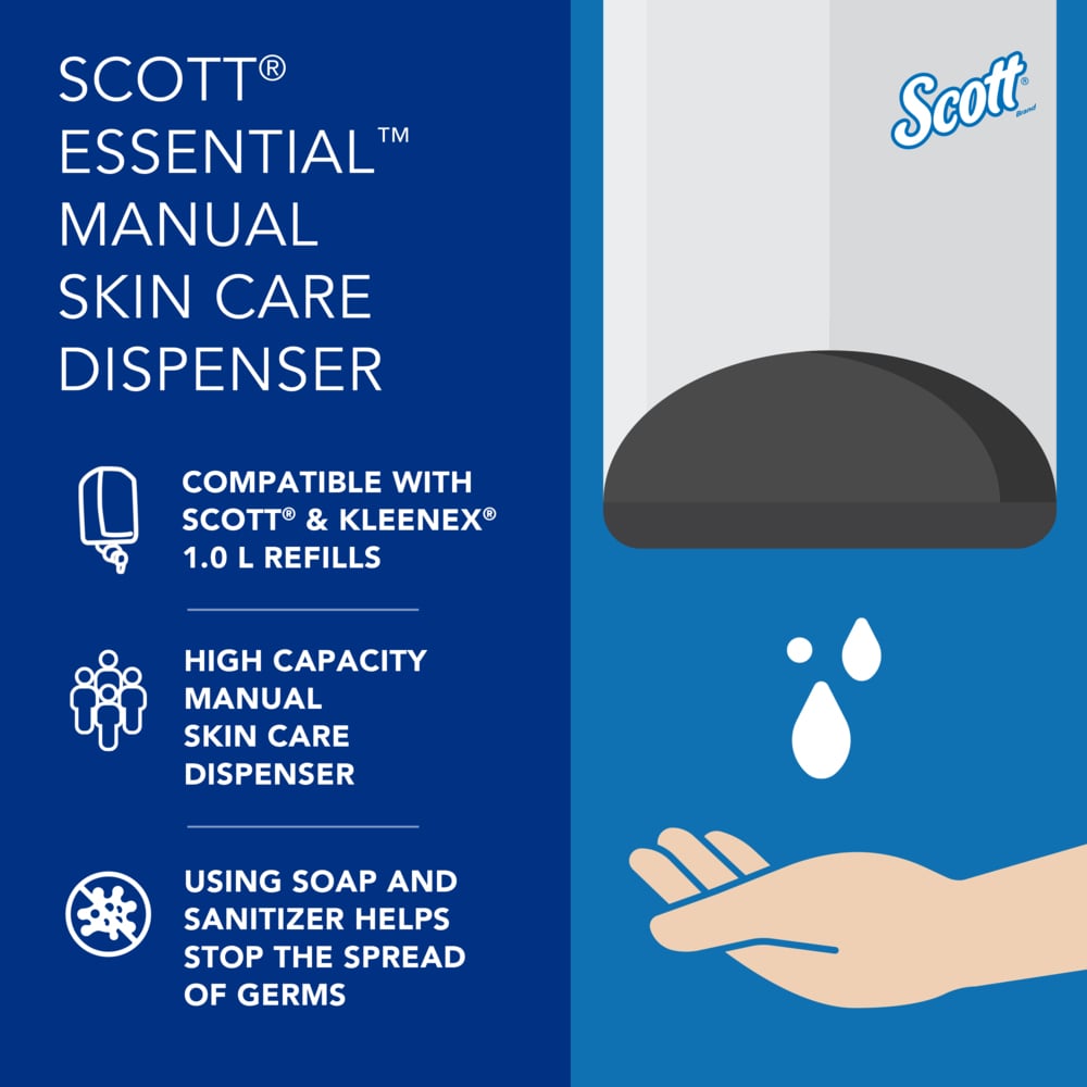 Scott® Essential™ High Capacity Manual Soap and Hand Sanitizer Dispenser (92144), White, 1.0 L capacity, 4.85" x 8.36" x 5.43" (Qty 1) - 92144