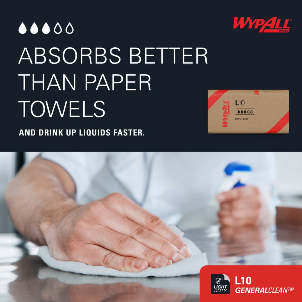 WypAll® GeneralClean™ L10 Light Cleaning Towels (01770), Banded Dairy Wiper, Limited Use Towels, White (200 Sheets/Box, 12 Boxes/Case, 2,400 Sheets/Case) - 01770
