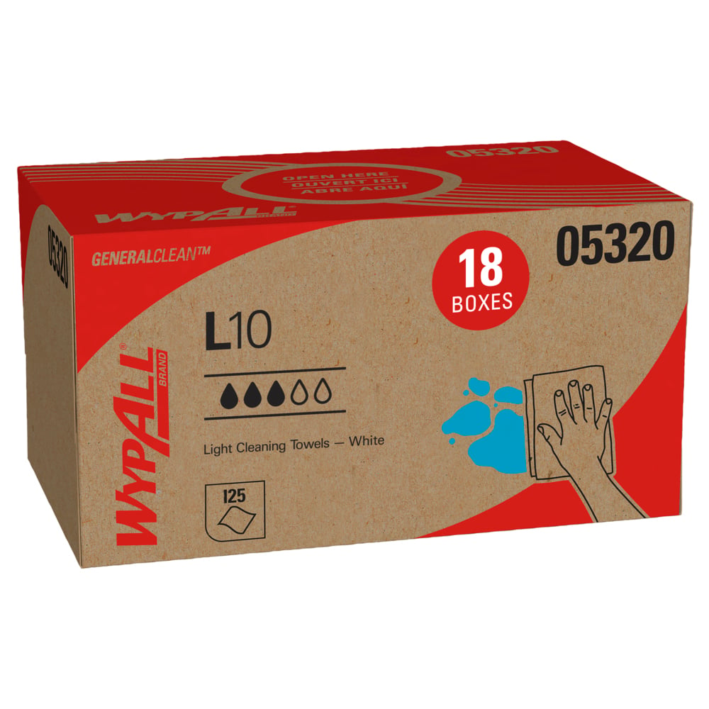 Lingettes de nettoyage léger WypAll® L10 General Clean (05320), 1 épaisseur, boîte Pop-Up, blanches, 18 paquets/caisse, 125 lingettes/boîte - 05320