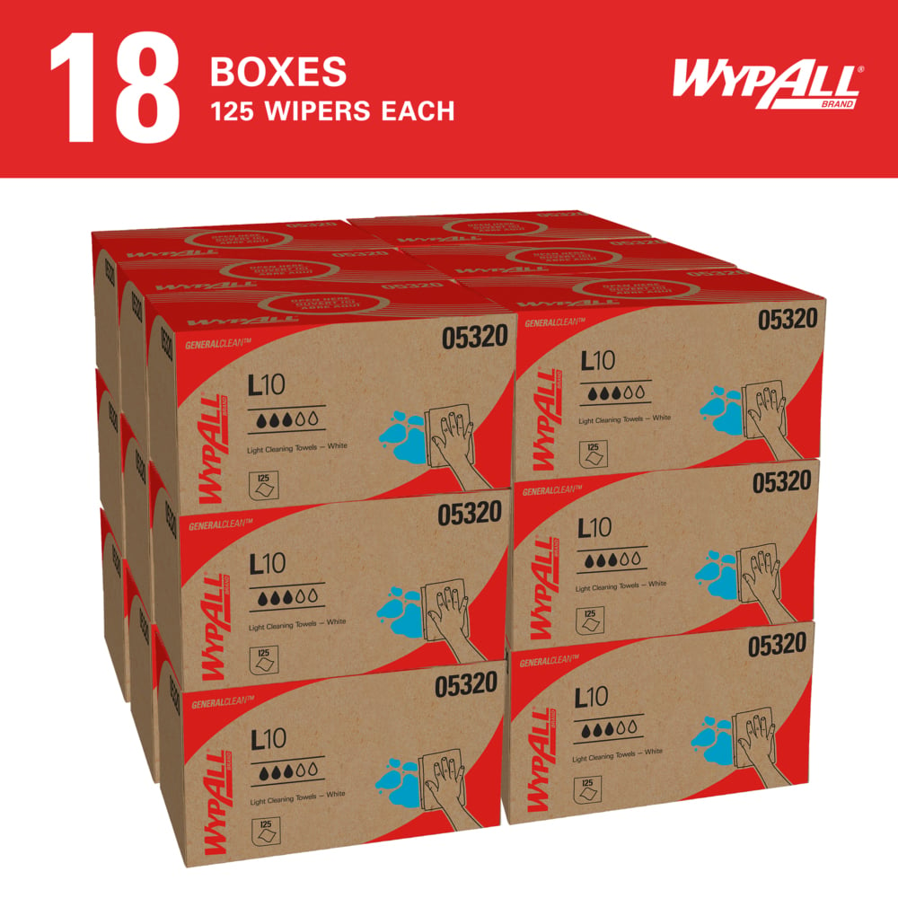 WypAll® GeneralClean™ L10 Light Cleaning Towels (05320), Pop-Up Box, Limited Use Towels, White (125 Sheets/Box, 18 Boxes/Case, 2,250 Sheets/Case) - 05320