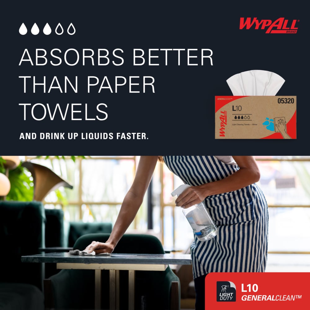 WypAll® GeneralClean™ L10 Light Cleaning Towels (05320), Pop-Up Box, Limited Use Towels, White (125 Sheets/Box, 18 Boxes/Case, 2,250 Sheets/Case) - 05320