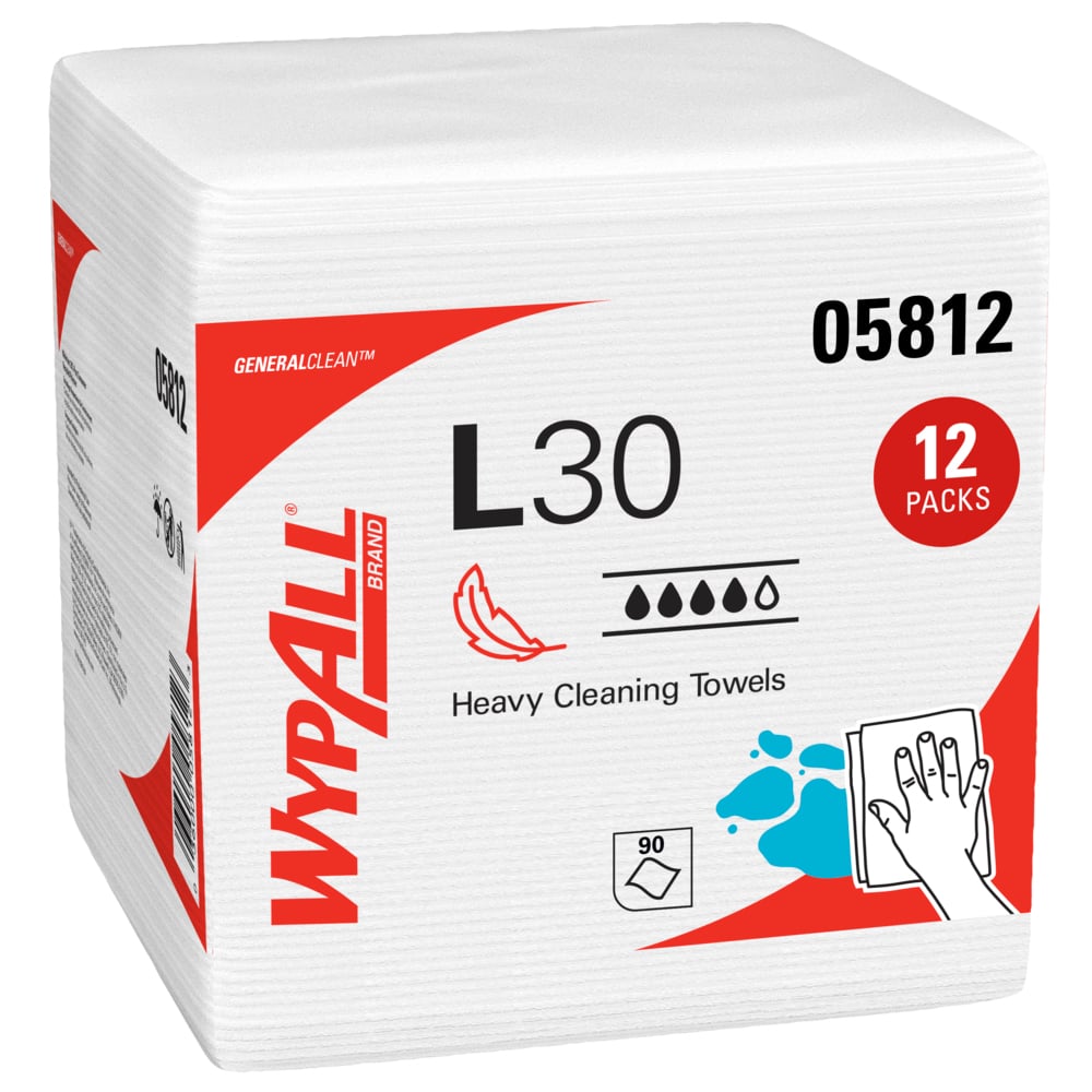 WypAll® GeneralClean™ L30 Heavy Duty Cleaning Towels (05812), Quarterfold, Strong and Soft Towels, White (90 Sheets/Pack, 12 Packs/Case, 1,080 Sheets/Case)