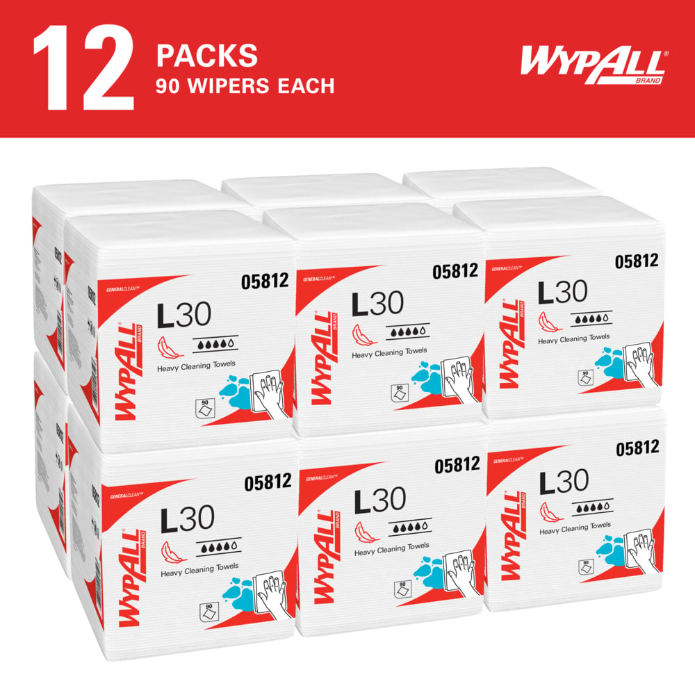 WypAll® GeneralClean™ L30 Heavy Duty Cleaning Towels (05812), Quarterfold, Strong and Soft Towels, White (90 Sheets/Pack, 12 Packs/Case, 1,080 Sheets/Case) - 05812