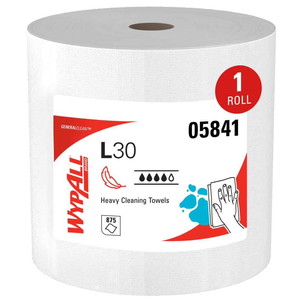 WypAll® GeneralClean™ L30 Heavy Duty Cleaning Towels (05841), Jumbo Roll, Strong and Soft Towels, White (875 Sheets/Roll, 1 Roll/Case, 875 Sheets/Case) - 05841