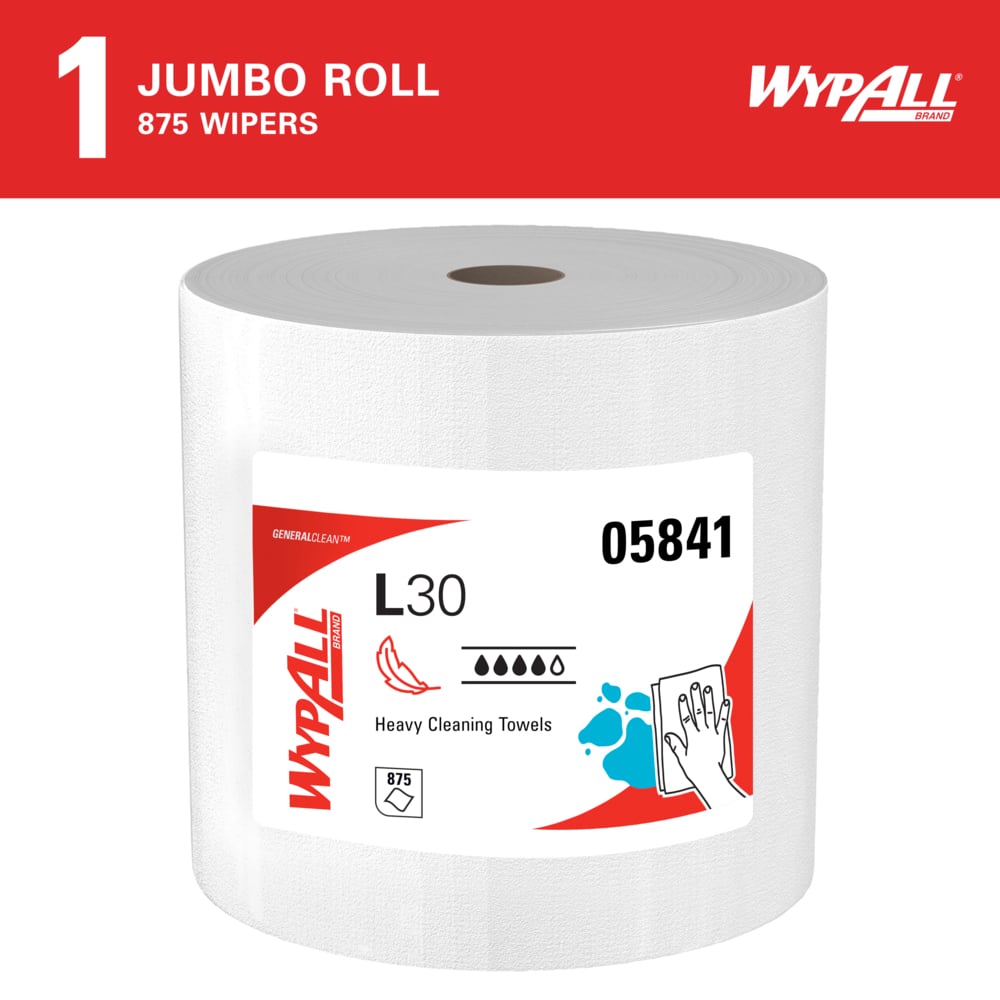 WypAll® GeneralClean™ L30 Heavy Duty Cleaning Towels (05841), Jumbo Roll, Strong and Soft Towels, White (875 Sheets/Roll, 1 Roll/Case, 875 Sheets/Case) - 05841