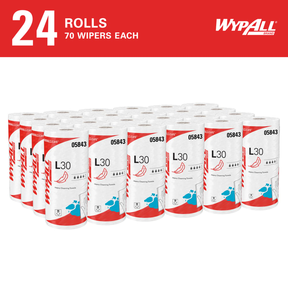 WypAll® GeneralClean™ L30 Heavy Duty Cleaning Towels (05843), Small Roll, Strong and Soft Towels, White (70 Sheets/Roll, 24 Rolls/Case, 1,680 Sheets/Case) - 05843