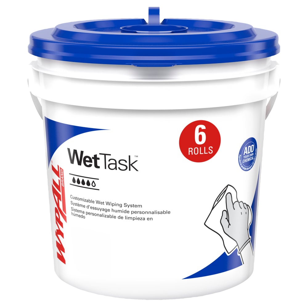 WypAll® PowerClean™ WetTask™ Wipers for Solvents System (06001), Center-Pull Roll, White, Bucket Included (95 Sheets/Roll, 6 Rolls/Case, 570 Sheets/Case) - 06001