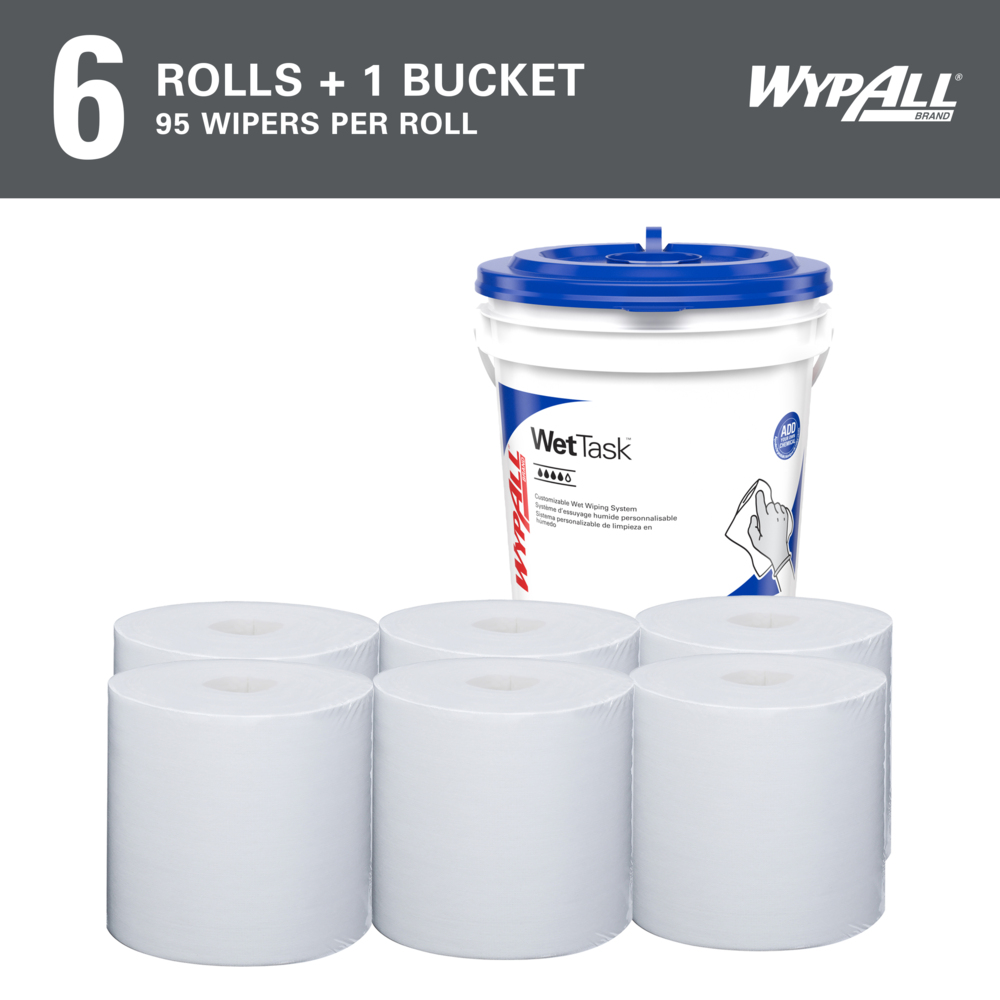 WypAll® PowerClean™ WetTask™ Wipers for Solvents System (06001), Center-Pull Roll, White, Bucket Included (95 Sheets/Roll, 6 Rolls/Case, 570 Sheets/Case) - 06001