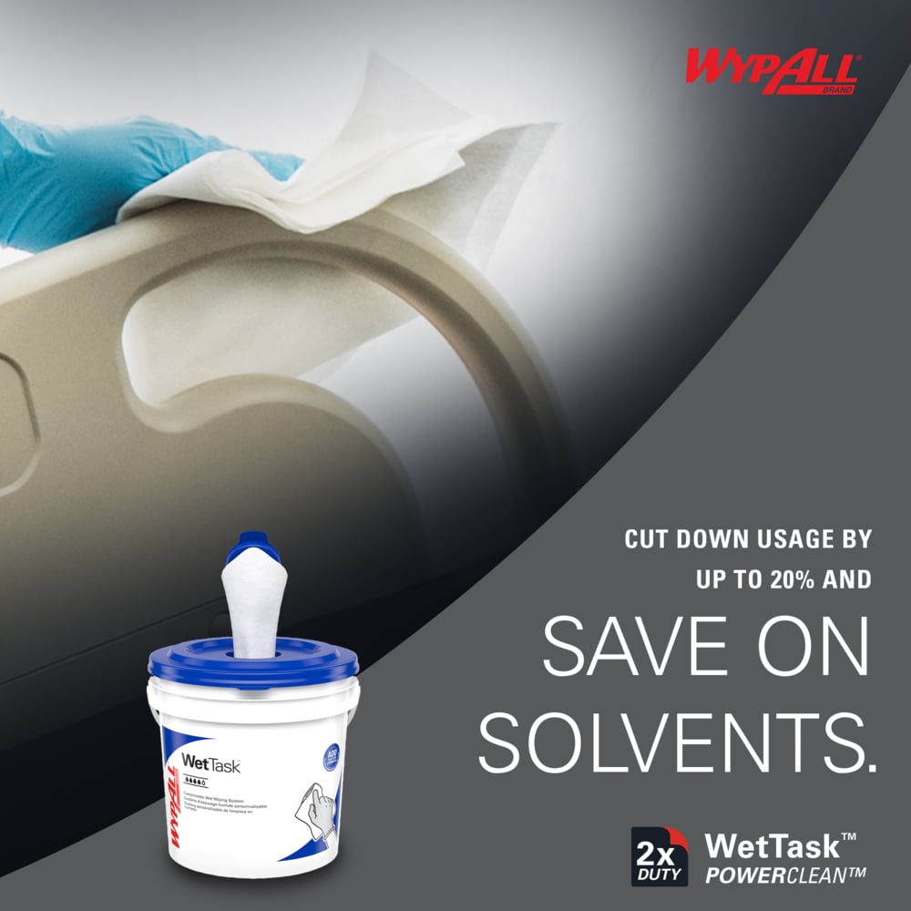 WypAll® PowerClean™ WetTask™ Wipers for Solvents System (06001), Center-Pull Roll, White, Bucket Included (95 Sheets/Roll, 6 Rolls/Case, 570 Sheets/Case) - 06001