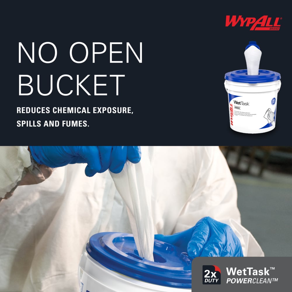 WypAll® PowerClean™ WetTask™ Wipers for Solvents System (06001), Center-Pull Roll, White, Bucket Included (95 Sheets/Roll, 6 Rolls/Case, 570 Sheets/Case) - 06001