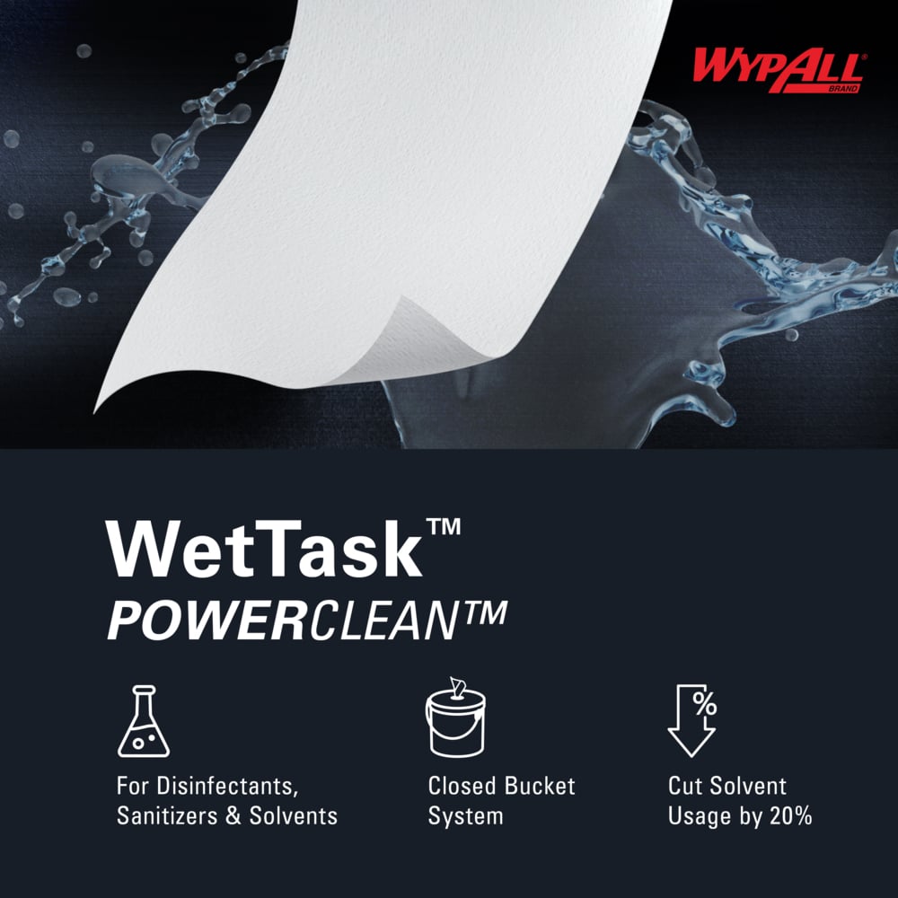 WypAll® PowerClean™ WetTask™ Wipers for Solvents System (06001), Center-Pull Roll, White, Bucket Included (95 Sheets/Roll, 6 Rolls/Case, 570 Sheets/Case) - 06001