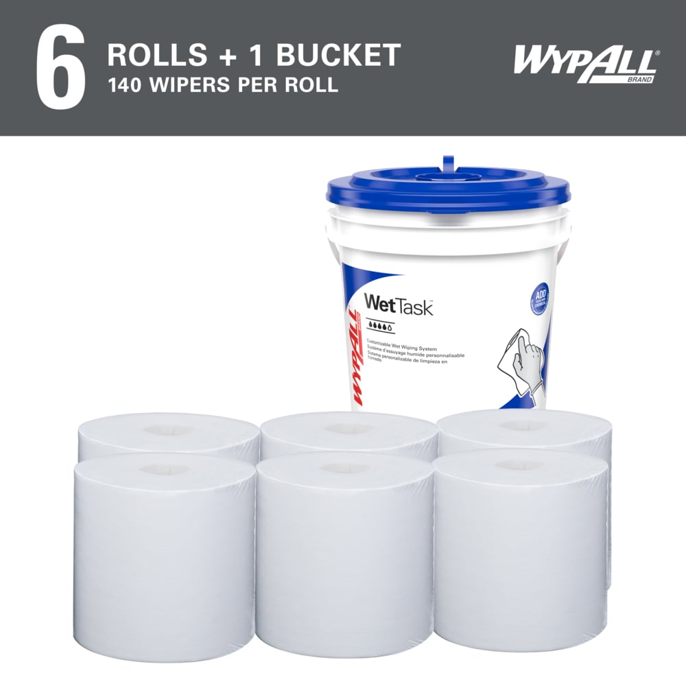 WypAll® PowerClean™ WetTask™ Wipers for Disinfectants, Sanitizers and Solvents (06211), Center-Pull Roll, White, Bucket Included (140 Sheets/Roll, 6 Rolls/Case, 840 Sheets/Case) - 06211