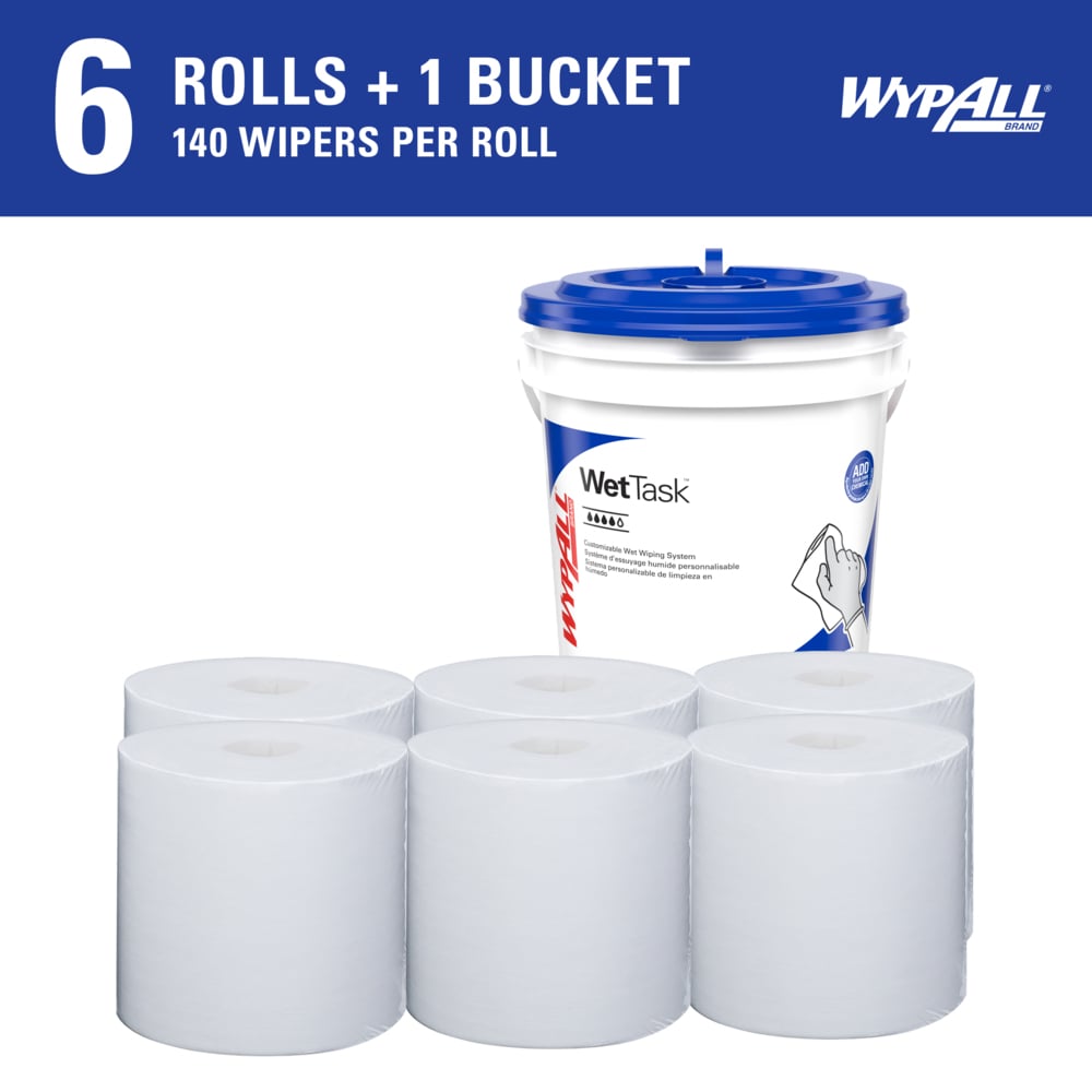 WypAll® CriticalClean™ WetTask™ Wipers for Bleach, Disinfectants, and Sanitizers (06411), Center-Pull Roll, White, Bucket Included (140 Sheets/Roll, 6 Rolls/Case, 840 Sheets/Case) - 06411