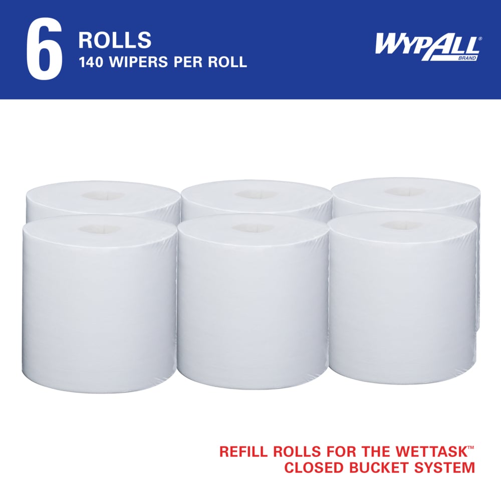 WypAll® CriticalClean™ WetTask™ Wipers for Bleach, Disinfectants, and Sanitizers (06471), Center-Pull Roll, White, Refill Only (140 Sheets/Roll, 6 Rolls/Case, 840 Sheets/Case) - 06471