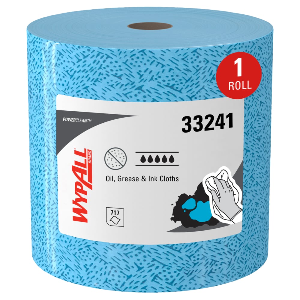 WypAll® Oil, Grease & Ink Cloths (33241), Jumbo Roll, Lint-Free Towels, Blue (717 Sheets/Roll, 1 Roll/Case, 717 Sheets/Case) - 33241