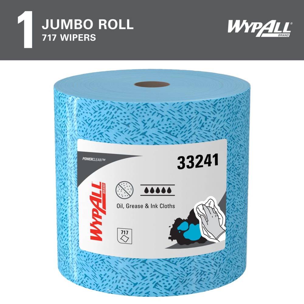 WypAll® Oil, Grease & Ink Cloths (33241), Jumbo Roll, Lint-Free Towels, Blue (717 Sheets/Roll, 1 Roll/Case, 717 Sheets/Case) - 33241