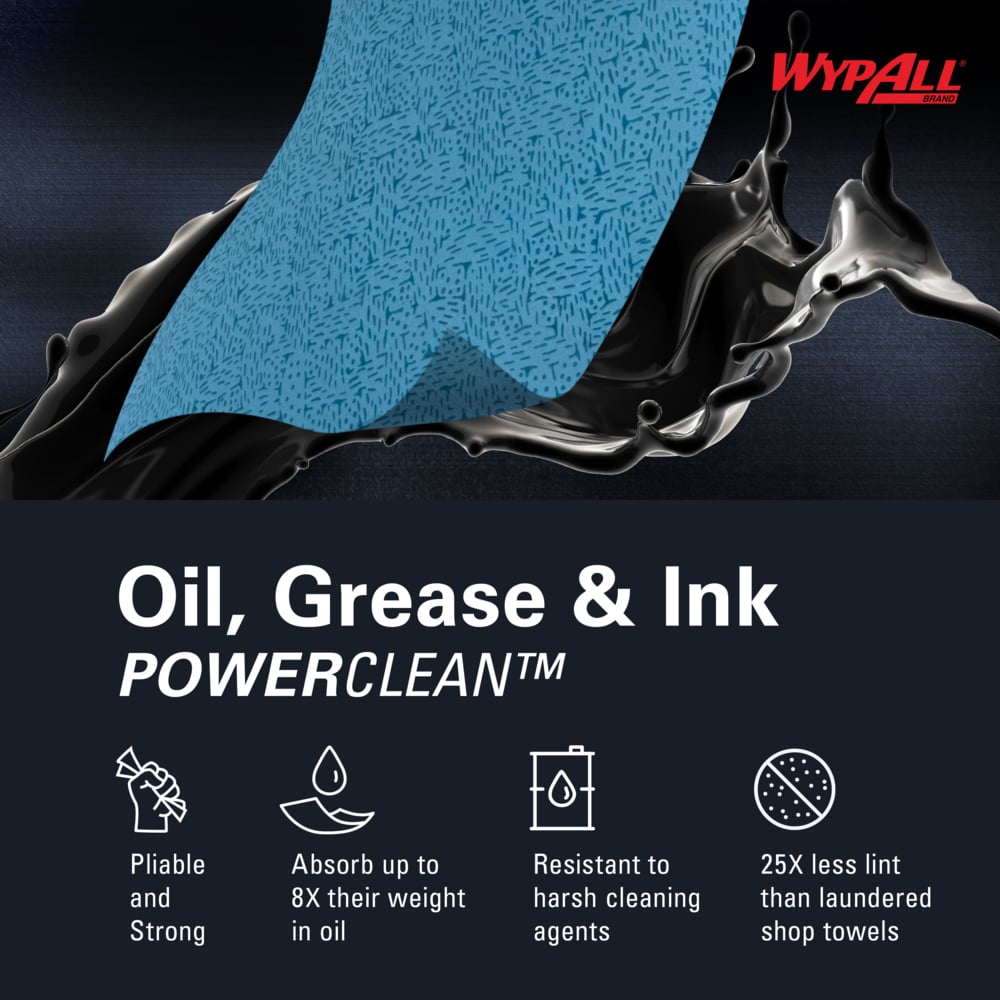 WypAll® Oil, Grease & Ink Cloths (33352), Brag Box, Lint-Free Towels, Blue (180 Sheets/Box, 1 Box/Case, 180 Sheets/Case) - 33352